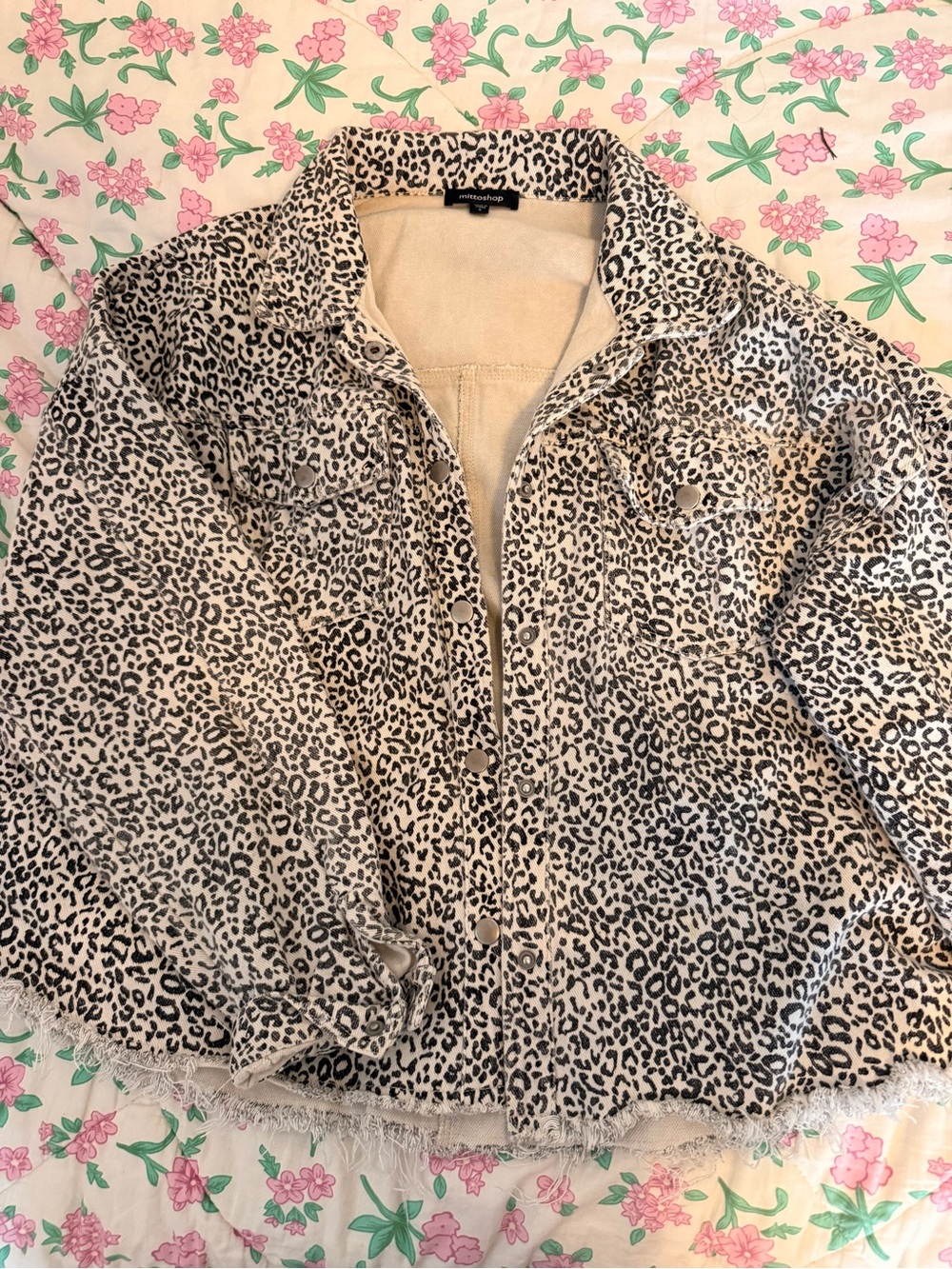mittoshop Beige and Black Leopard Print Jean Jacket